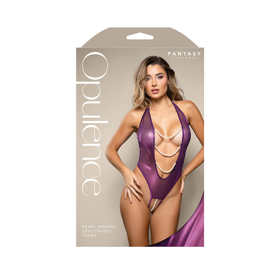 OPULENCE Pearl Draped Crotchless Teddy - Purple - S/M Size