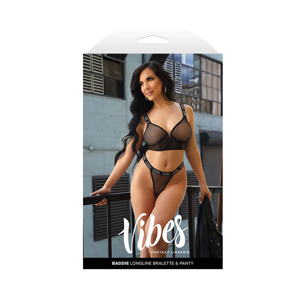 VIBES BADDIE Longline Bralette & Panty - S/M - Black - S/M Size