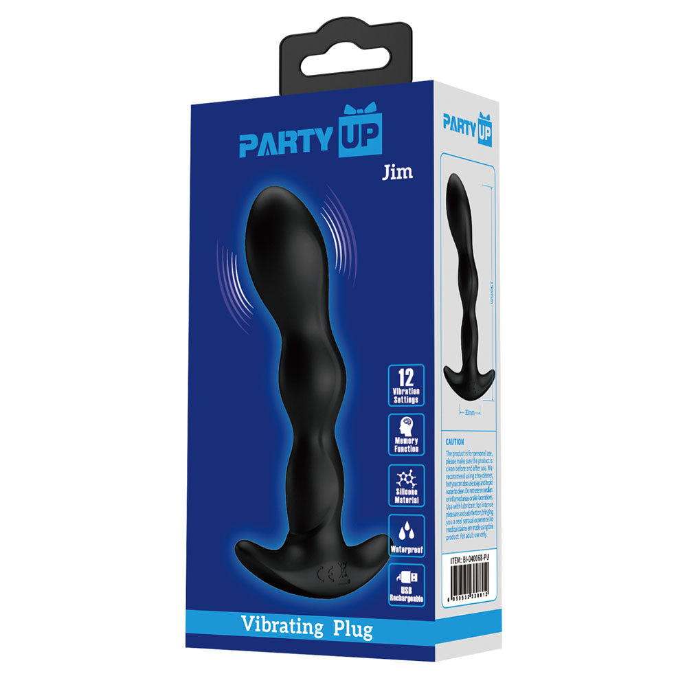 Party Up JIM Vibrating Plug - Black 14.5 cm USB Rechargeable Vibrating Butt Plug