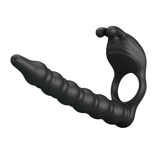 Party Up MARCUS Ring & Anal Plug - Black USB Rechargeable Vibrating Cock Ring with Double Penetrator