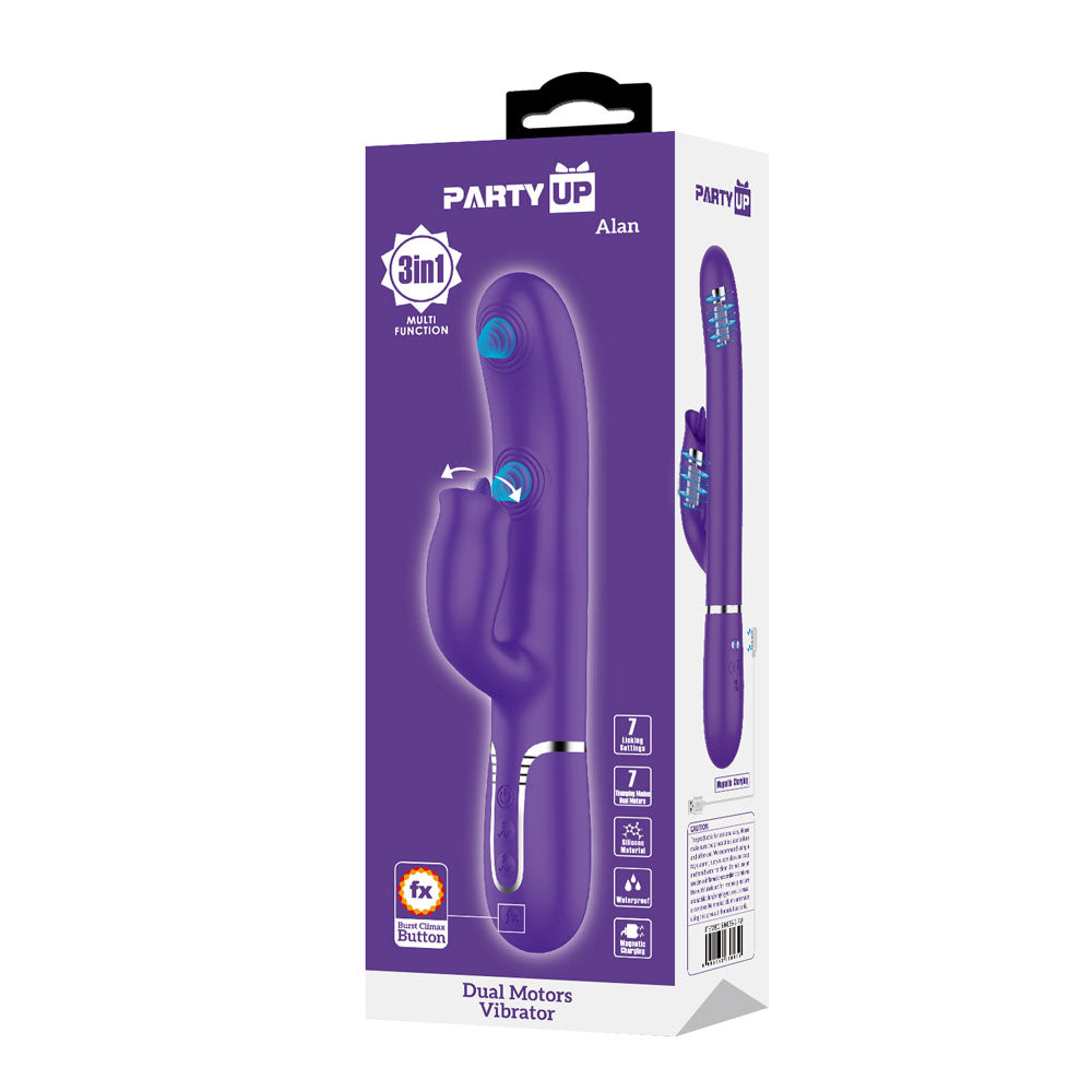 Party Up ALAN Dual Motor Vibrator - Purple - Purple 22.8 cm USB Rechargeable Vibrator with Licking Clit Stimulator and Thumping Shaft