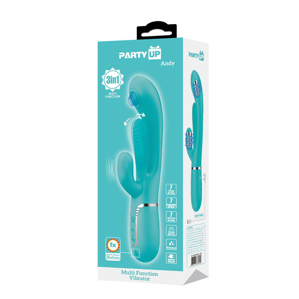 Party Up ANDY Multi Function Vibrator - Teal - Teal 22.2 cm USB Rechargeable Rabbit Vibrator with Flicking and Thumping Tip