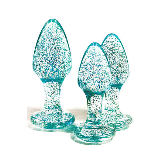 Adam & Eve Glitter Gem 3-Piece Butt Plug Set - Blue - Glitter Blue Butt Plugs - Set of 3 Sizes