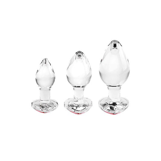 Adam & Eve RED HEART GEM GLASS PLUG SET - Clear Glass Butt Plugs - Set of 3 Sizes