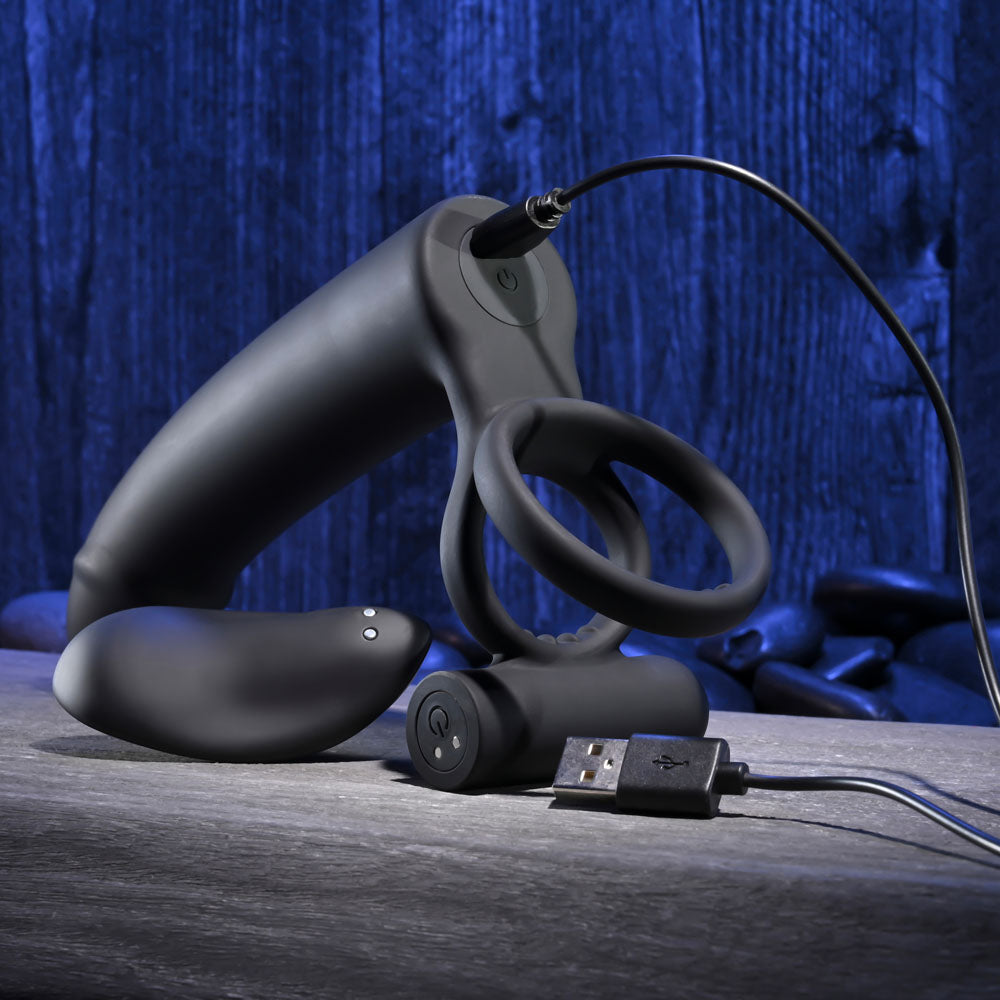 Gender X FULL SWING - Black USB Rechargeable Vibrating Cock Ring with Double Penetrator Dildo