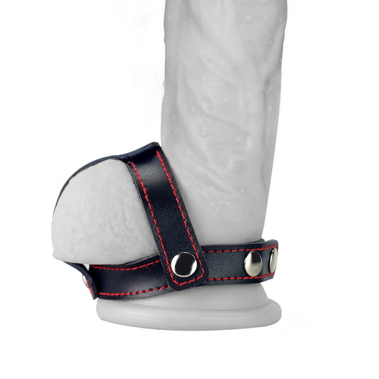 Bondage Fetish T-Style Leather Cock Ring with Ball Divider - Black Cock Ring