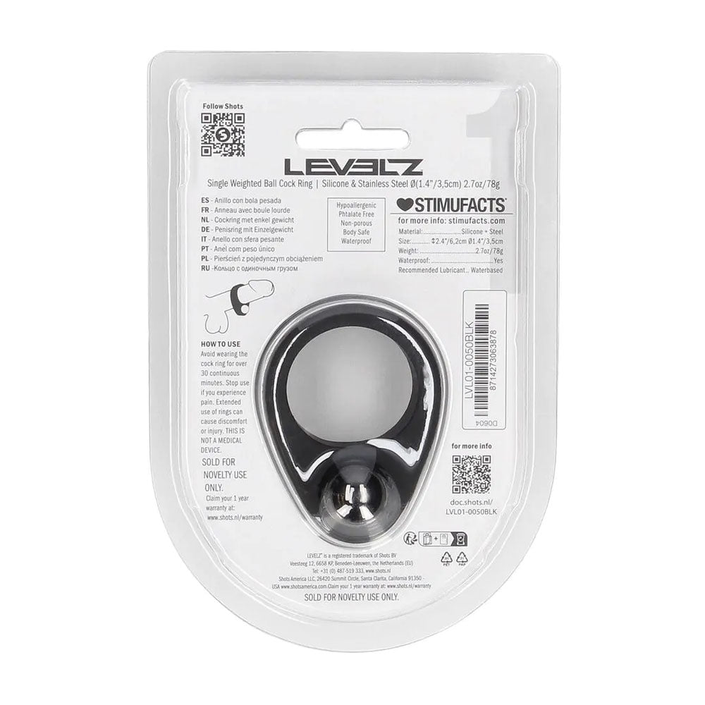 LEVELZ Single Weighted Ball Cock Ring - Black - Black Weighted Cock Ring