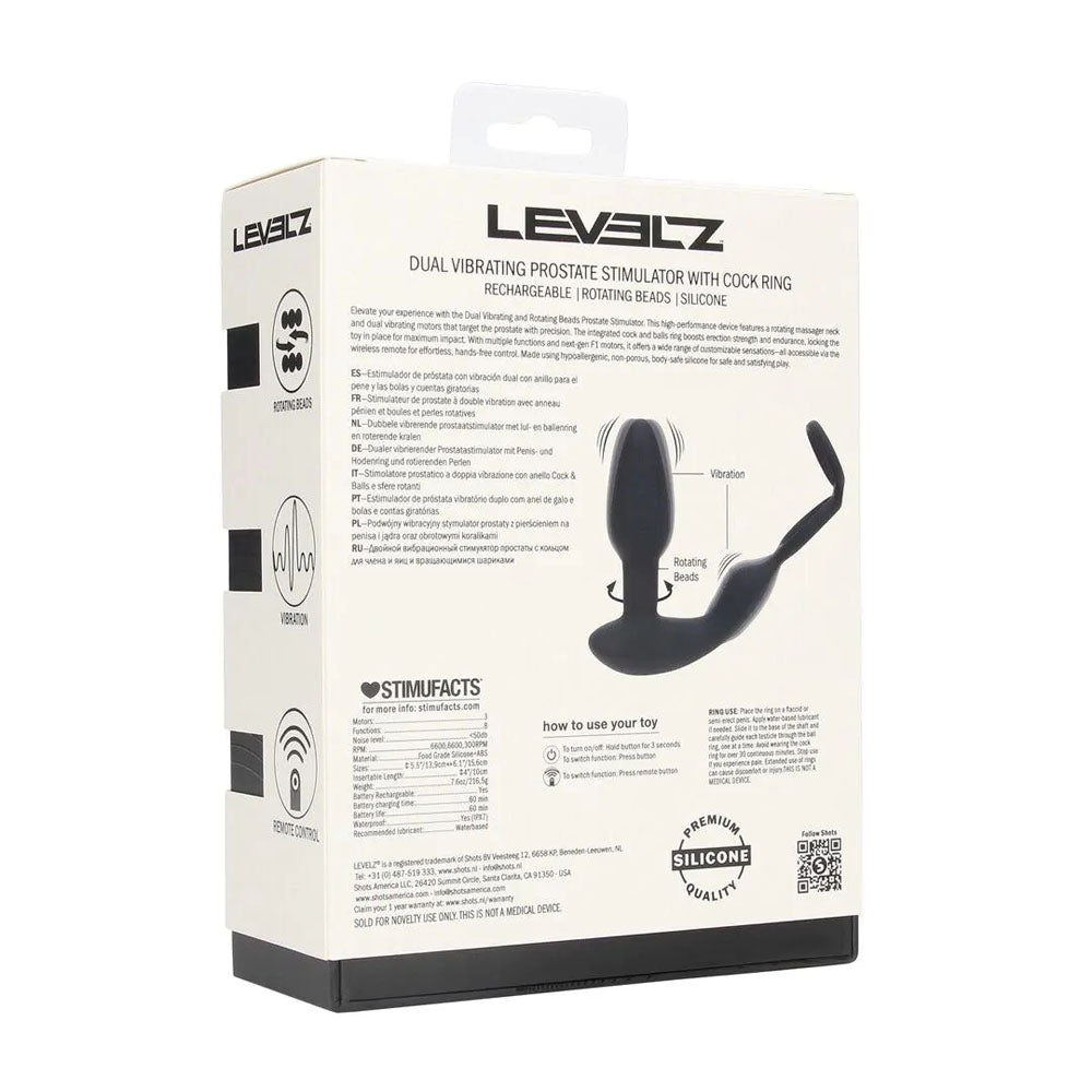 LEVELZ Dual Vibrating Prostate Stimulator with Cock Ring - Black USB Rechargeable Vibrating Butt Plug with Cock Ring