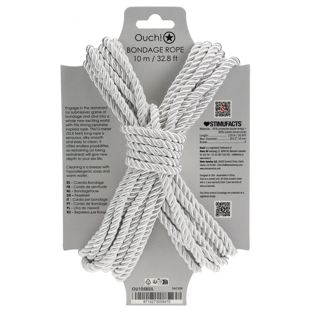 OUCH! Bondage Rope - 10 M - Silver - Silver Nylon Bondage Rope - 10 metre Length