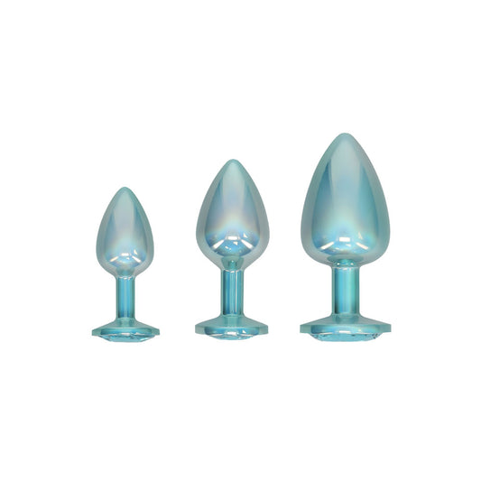 OUCH! Paris Collection - Metal Anal Plug Set - Blue - Metallic Blue Butt Plugs with Gem Bases - Set of 3 Sizes