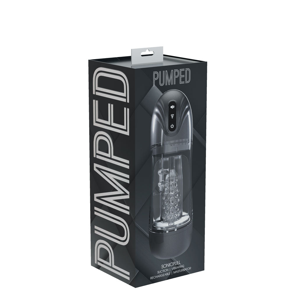 PUMPED SonicPull - Gunmetal - Gunmetal Grey/Clear USB Rechargeable Sucking And Vibrating Auto Masturbator