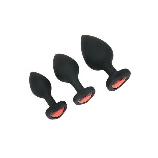 WhipSmart Heartbreaker 3PC Silicone Crystal Heart Anal Training Set - Black Butt Plugs with Heart Gem Bases - Set of 3 Sizes