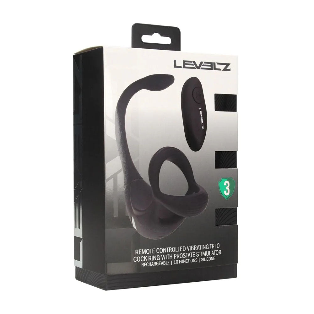 LEVELZ Remote Controlled Vibrating TriO Cock Ring with Prostate Stimulator - Black USB Rechargeable Vibrating Cock Ring with Anal Plug