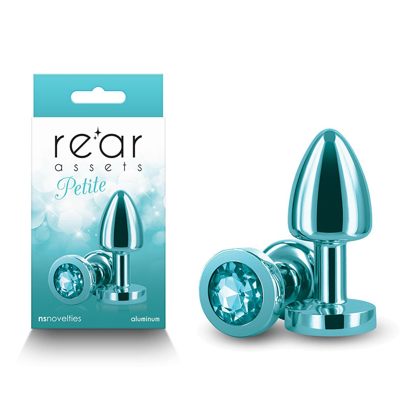 Rear Assets Petite - Teal - Teal 6 cm Metal Butt Plug with Teal Round Gem Base