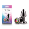 Rear Assets Petite - Gunmetal with Rainbow Gem - Gunmetal 6 cm Metal Butt Plug with Rainbow Round Gem Base