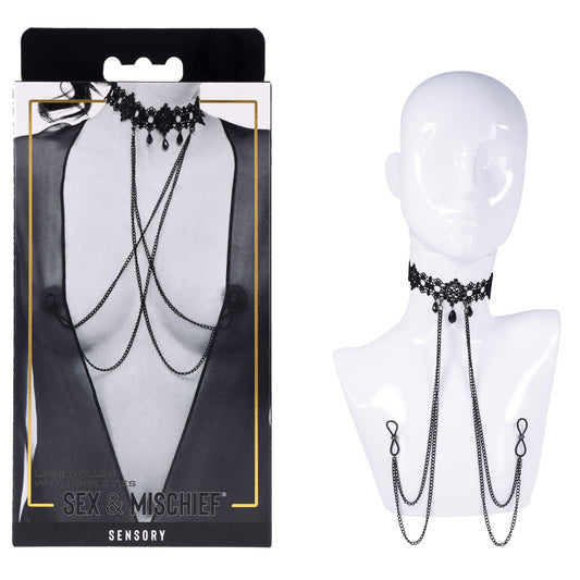 Sex & Mischief Lace Collar with Nipple Ties - Black Neck and Nipple Restraints