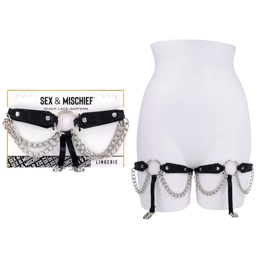 Sex & Mischief Chain Lace Garters - Black/Metal Garters